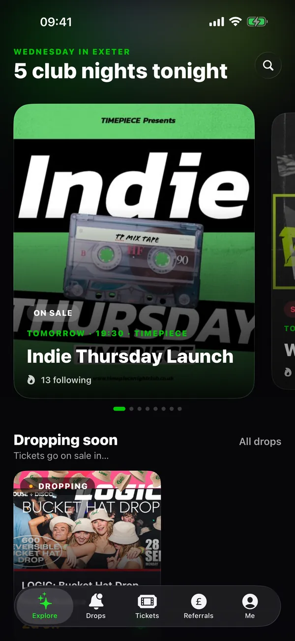 The ExeTix app's Explore tab: tonight's club nights with posters and countdowns